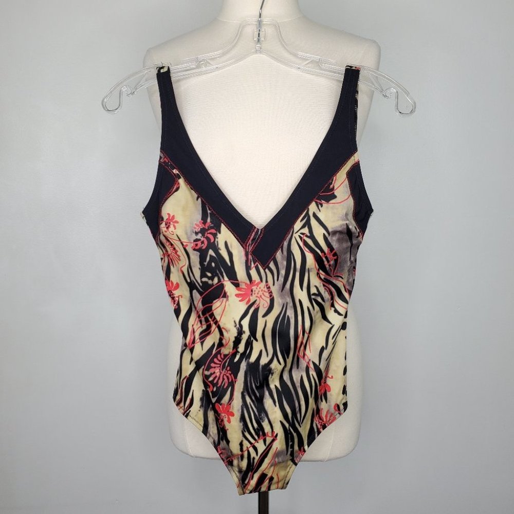 Gottex One Piece Swimsuit Black Red Tan With Red Stitching V-Neck Size 1